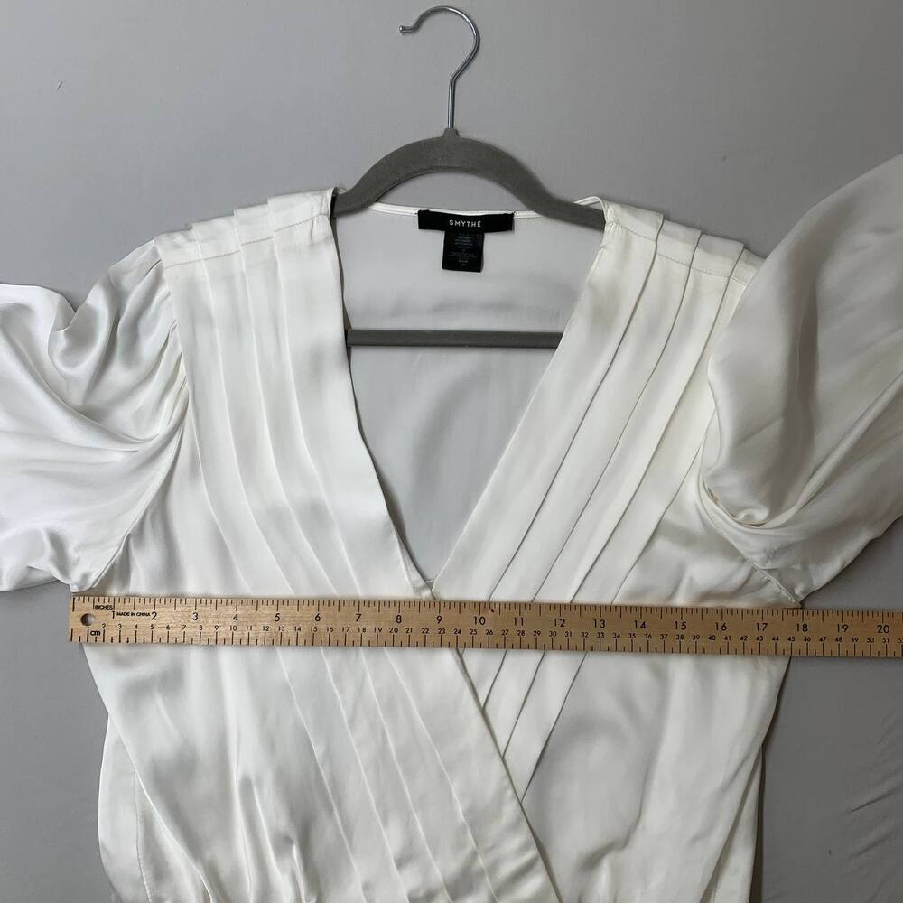 SMYTHE Women Pleated Crossover Blouse M Ivory Satin Viscose Top Balloon Sleeve - Picture 9 of 11
